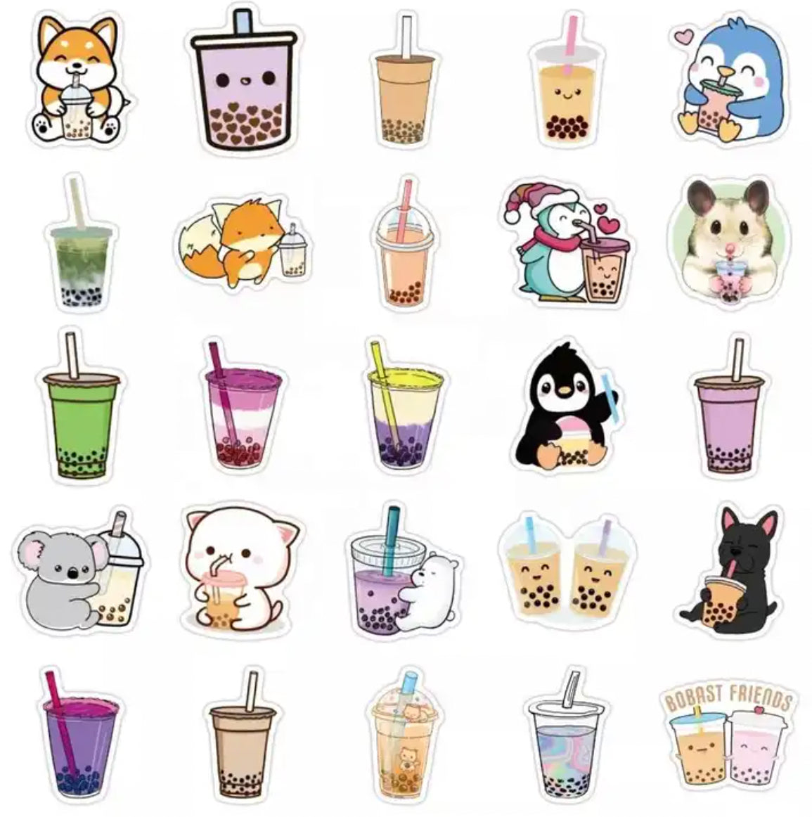 Kawaii Boba Tea Animal 50 Piece Sticker Set