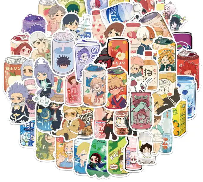 Mixed Anime Drink Kawaii 50 Piece Sticker Set